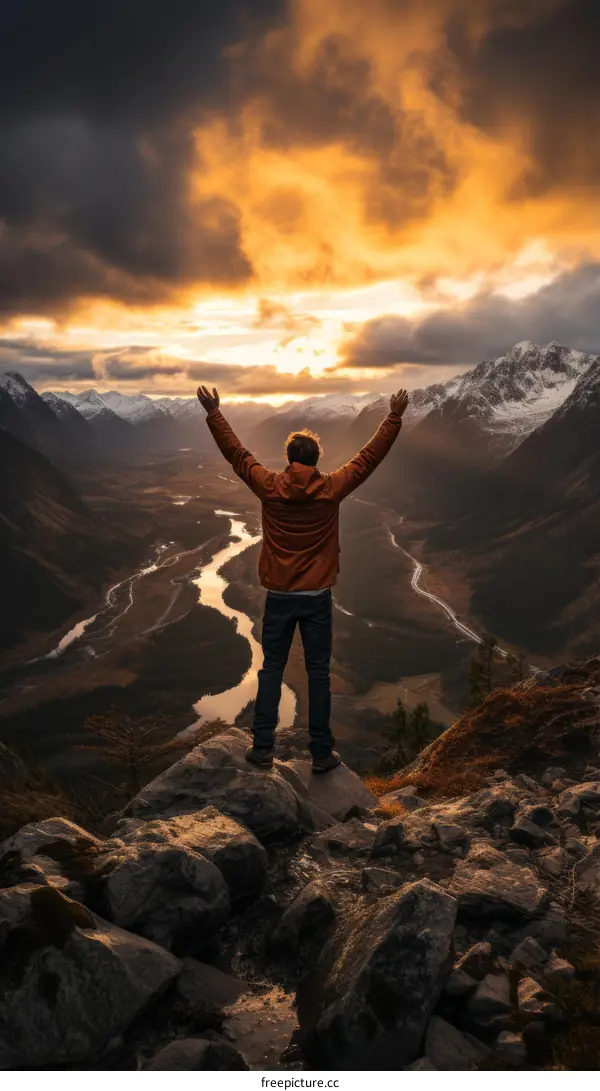 man standing on a mountaintop with his arms in the air