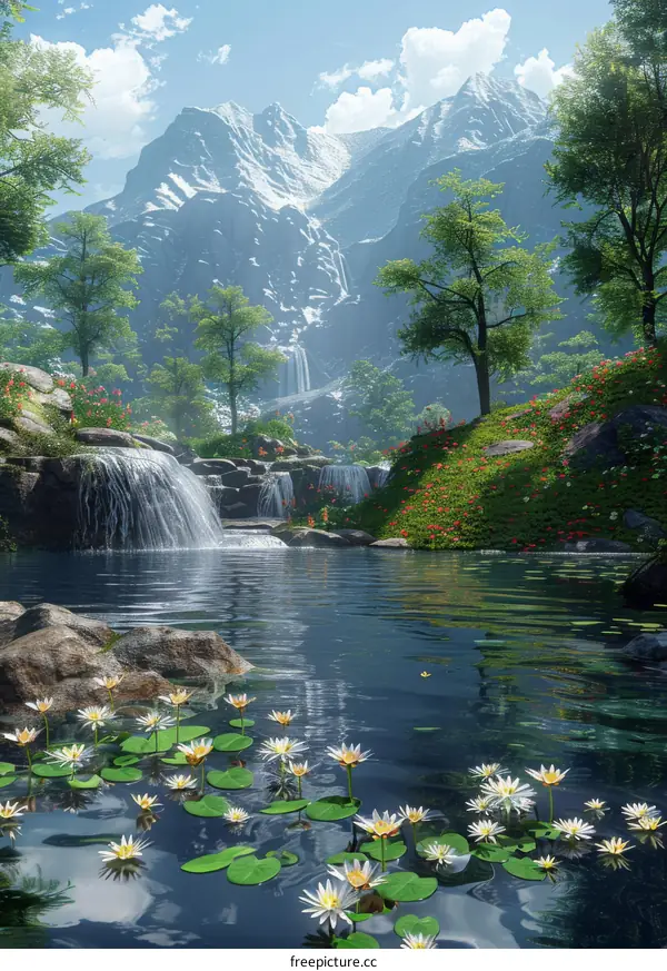 Tranquil Mountain Lake with Flowers and Reflections
