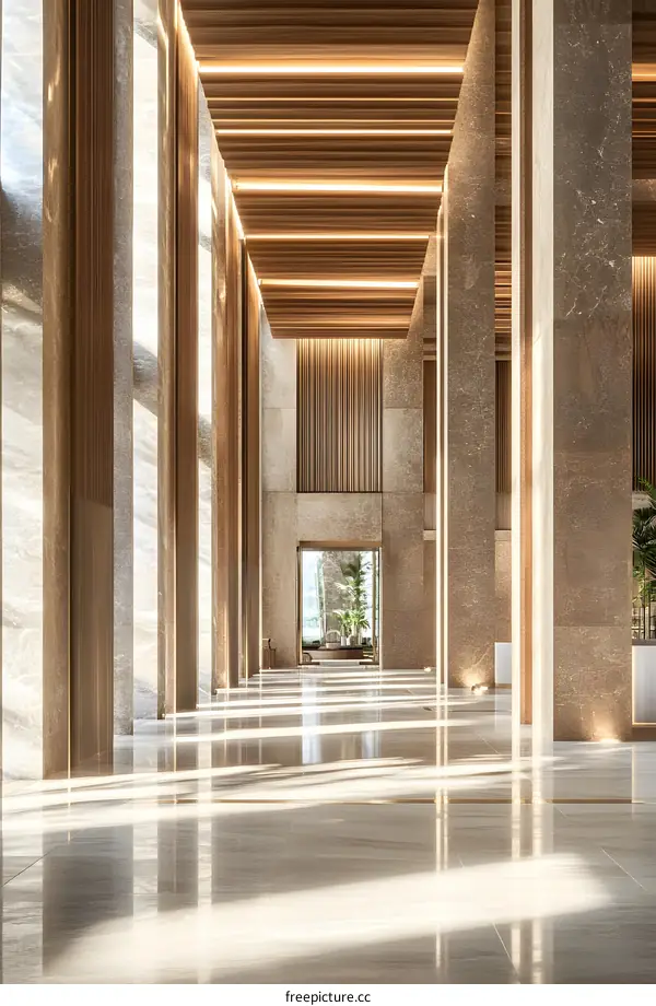 Modern Minimalist Lobby Interior Design with Wooden Ceiling