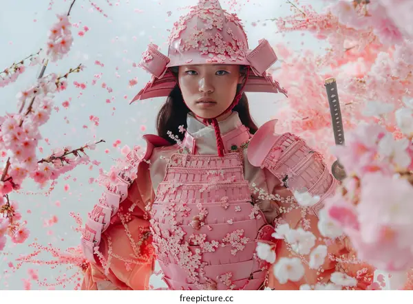 A young woman wearing a pink samurai armor stands in a field of cherry blossoms.