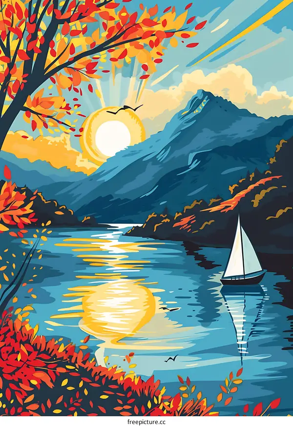 Peaceful Sunset Lake View With Mountains and Sailboat
