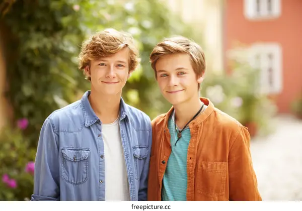 Two Caucasian Teen Boys Smiling Outdoors