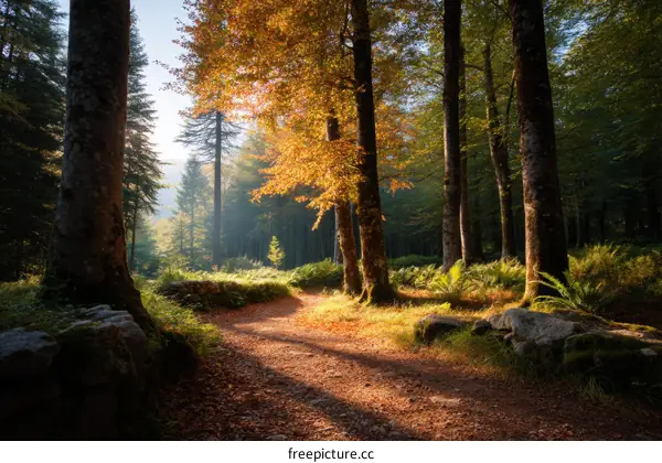 Autumn Sunlight Path in the Woods