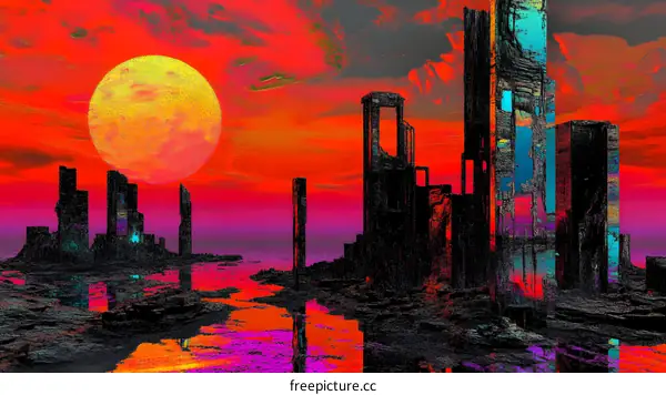 Digital Art Painting of a Futuristic Cityscape with a Giant Sun in the Sky