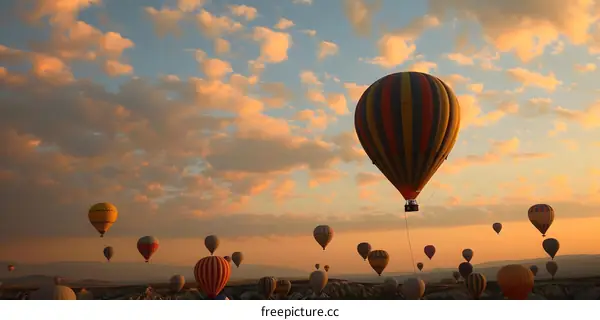 Hot Air Balloons Flying Over Cappadocia at Sunset
