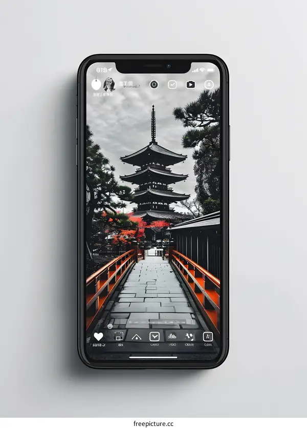 Black And White Photo Of A Pagoda In Japan On A Phone Screen