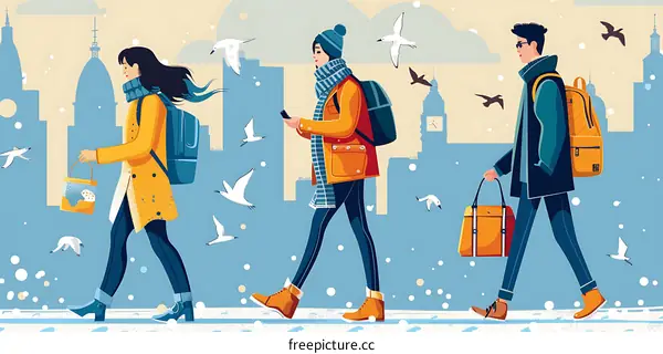 Winter Illustration with Three People Walking in the City