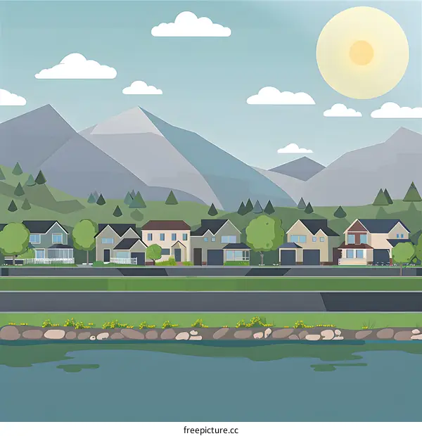 Suburban Neighborhood Illustration with Mountains and River