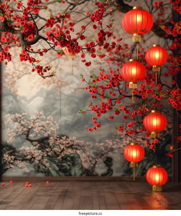 Chinese style red lantern cherry blossom background image
