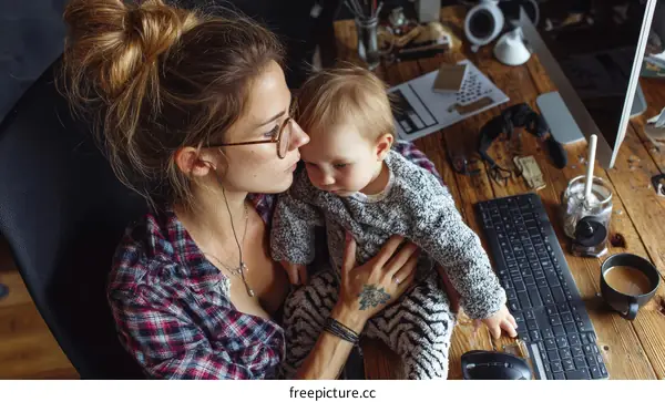 Working Mother and Baby at a Wooden Desk
