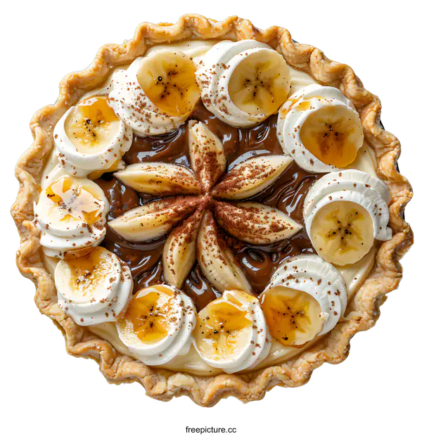 [Transparent Background PNG]Top view of a banana cream pie with chocolate and whipped cream