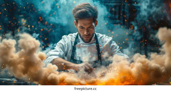 Focused male chef cooking in a commercial kitchen