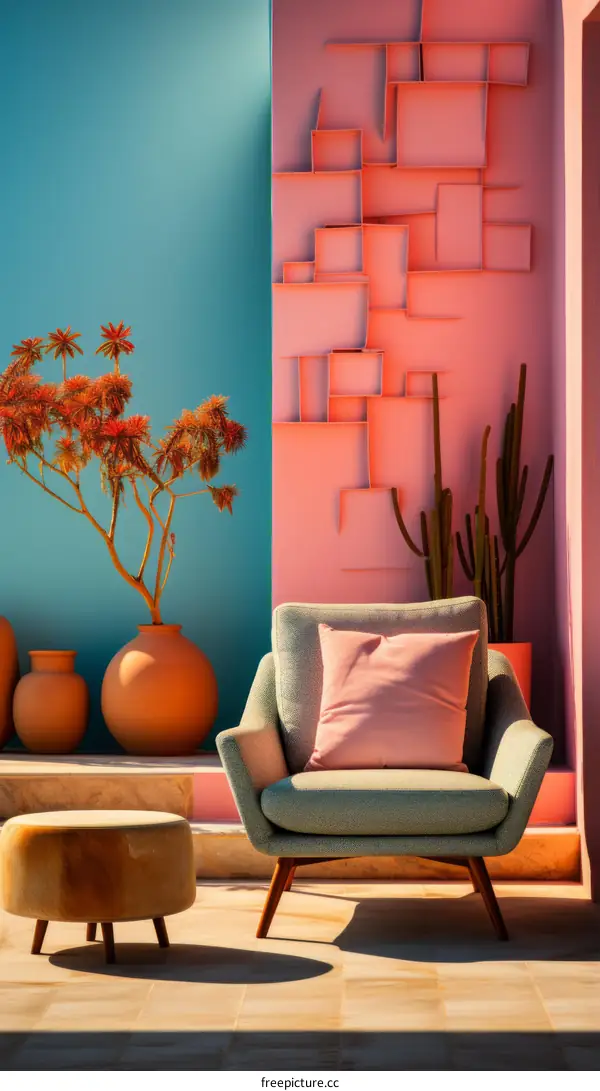 Stylish Living Room With Pink and Blue Walls, Armchair and Potted Plants