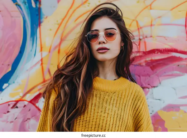 Young Woman with Long Brown Hair Wearing Sunglasses in Front of a Colorful Wall
