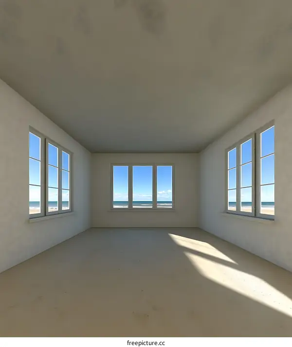 Empty Room with Three Windows Facing the Ocean