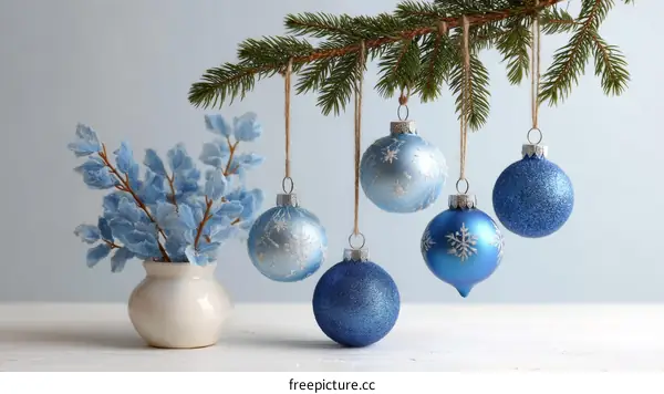Blue Christmas Ornaments and Decorative Branches
