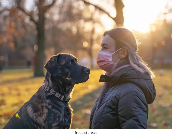 Woman wearing a mask standing next to a dog in a park