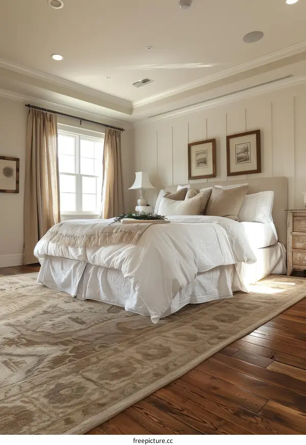 Elegant Master Bedroom with Hardwood Floors and Cathedral Ceilings