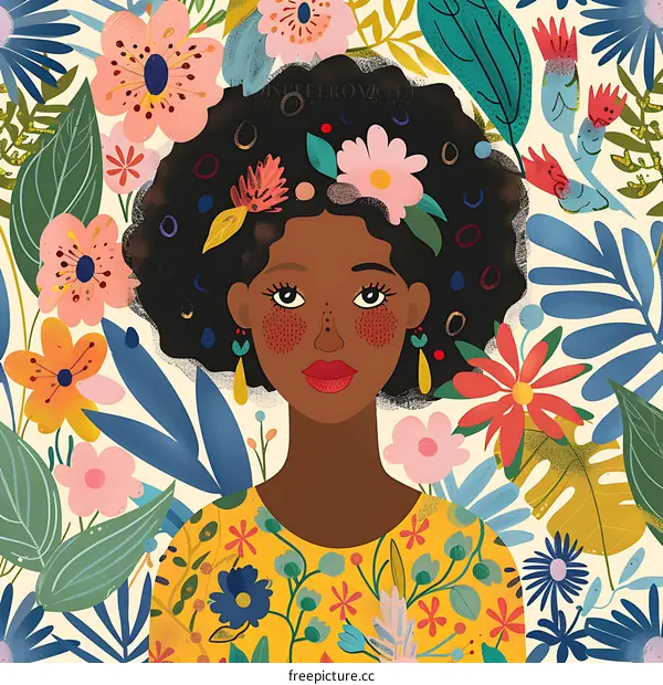 Black Woman Surrounded by Flowers Illustration