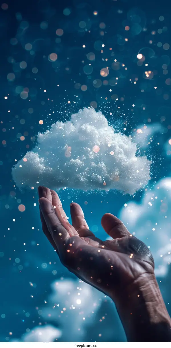 Hand Holding a Fluffy Cloud in the Blue Sky