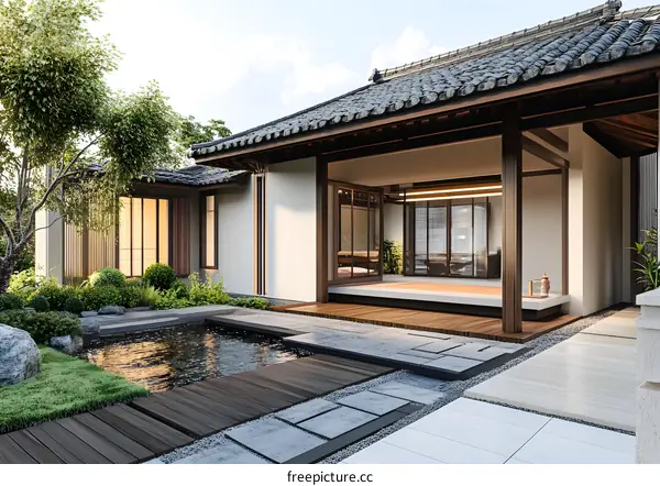 Modern Japanese Style House Exterior with Pond and Stone Path