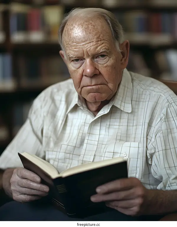 Senior Man Reading Book In Library