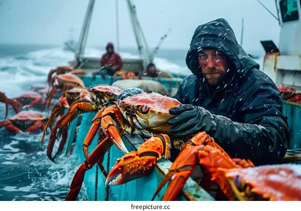A fisherman holds a crab on a boat in the Bering Sea