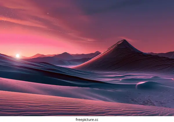 Desert Landscape with Purple Sand Dunes and a Setting Sun