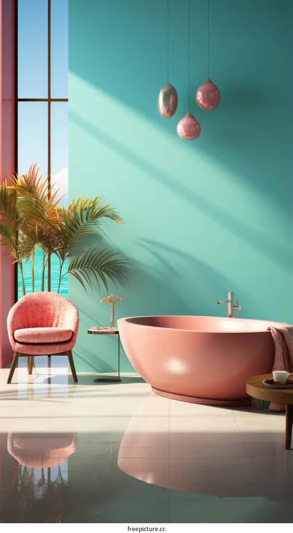 A serene bathroom with a pink bathtub and mint green walls