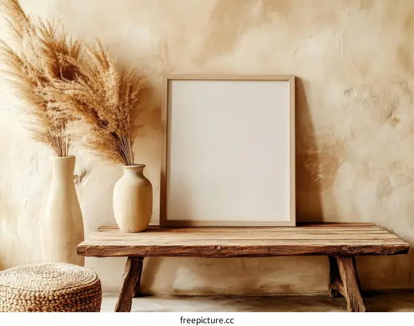 Bohemian Style Interior Mockup with Pampas Grass and Wooden Bench