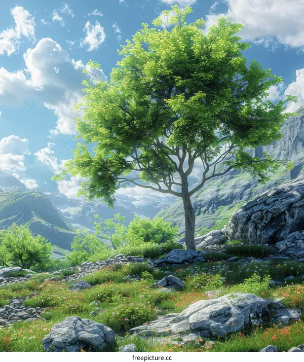 Tranquil Green Tree in a Rocky Mountain Valley
