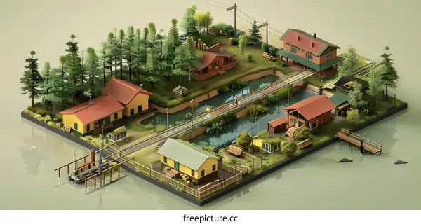 Isometric Illustration of a Small Village by the River