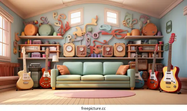 Living Room Decorated with Musical Instruments and Abstract Art
