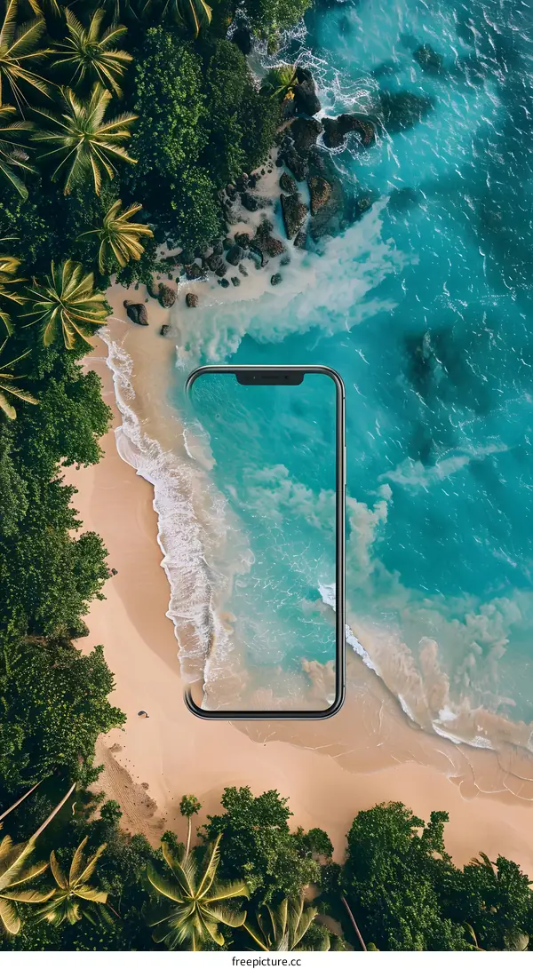 Smartphone on the Beach with Palm Trees and Ocean