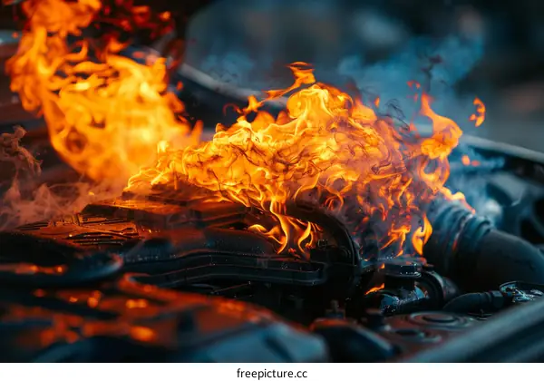 Car Engine Fire with Flames