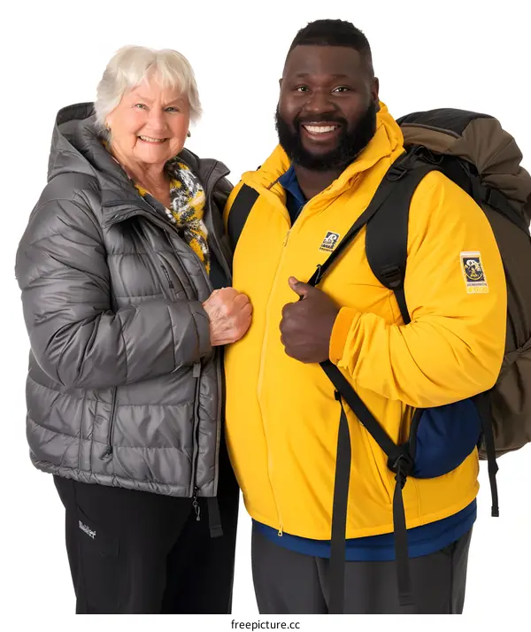 Smiling Senior Woman and Black Man in Winter Clothing with Backpack