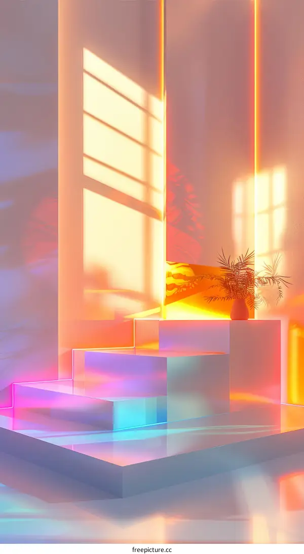 3D rendering of a room with a plant on a podium