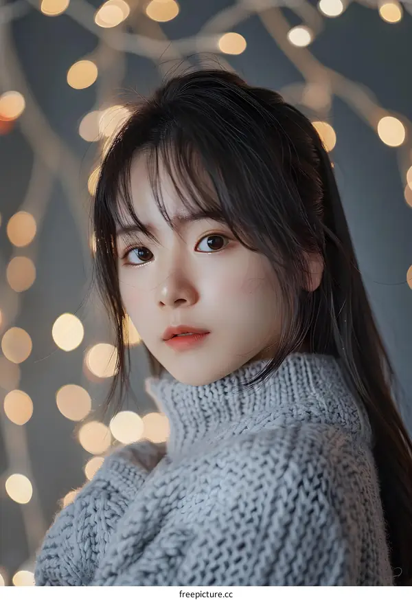 Portrait of a Young Asian Woman in a Gray Sweater with Bokeh Lights in the Background