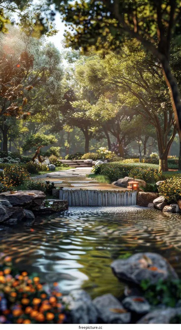 Landscaped Garden with Stone Path and Small Waterfall