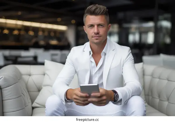 Confident young businessman in white suit sitting on couch and holding smartphone