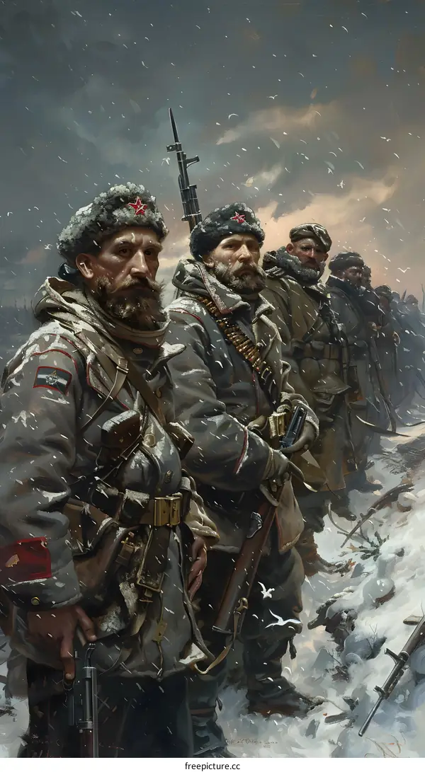 A group of soldiers in winter gear are standing in a snowy forest.