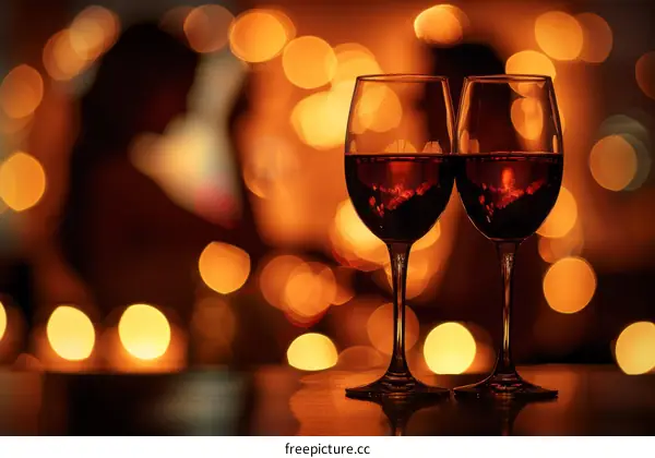 Two glasses of red wine on a table with a blurred couple in the background
