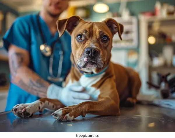 A veterinarian examines a dog in a clinic