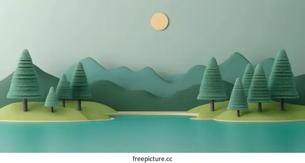 Minimalist 3D Illustration of a Green Landscape with Mountains, Trees and a Lake