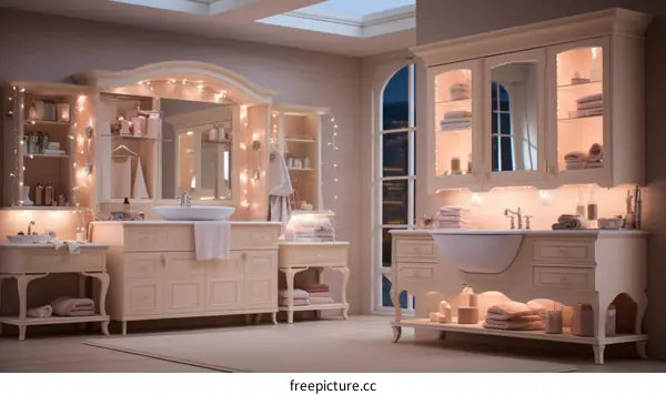 Elegant bathroom interior with cream-colored cabinets and a large window