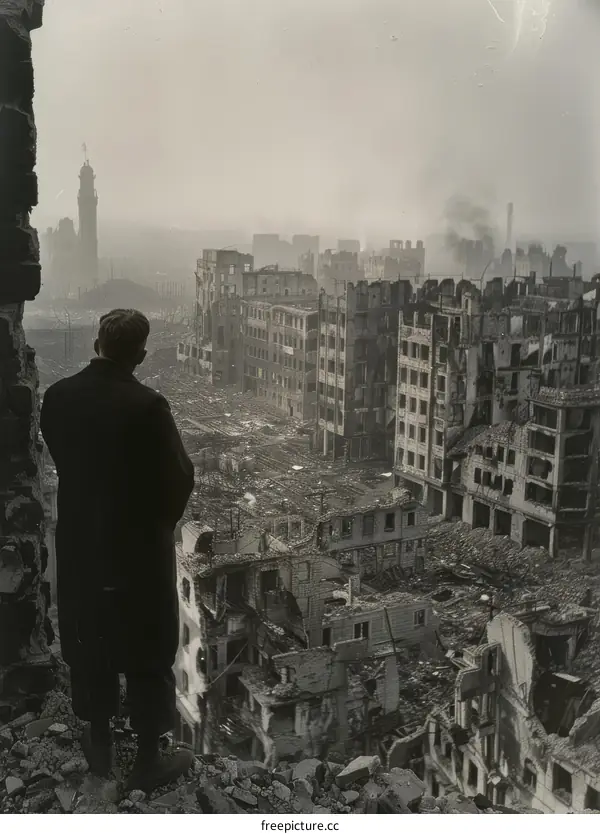 A lone figure surveys the ruins of a city after an air raid