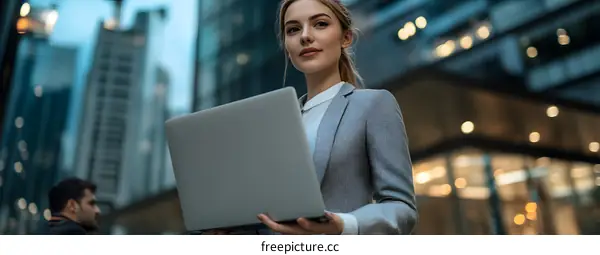 Young Business Woman Holding Laptop in Urban Setting