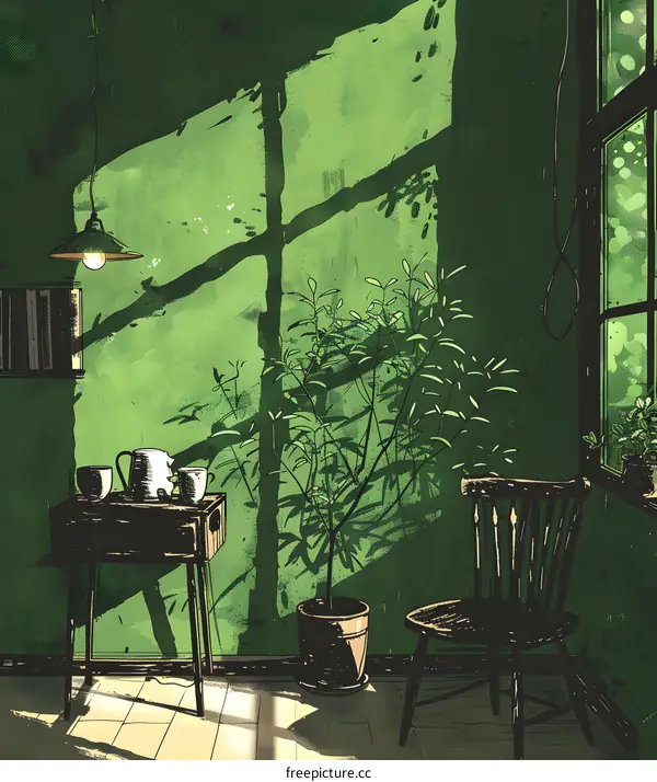 Sunlight shining through the window onto a plant and a chair