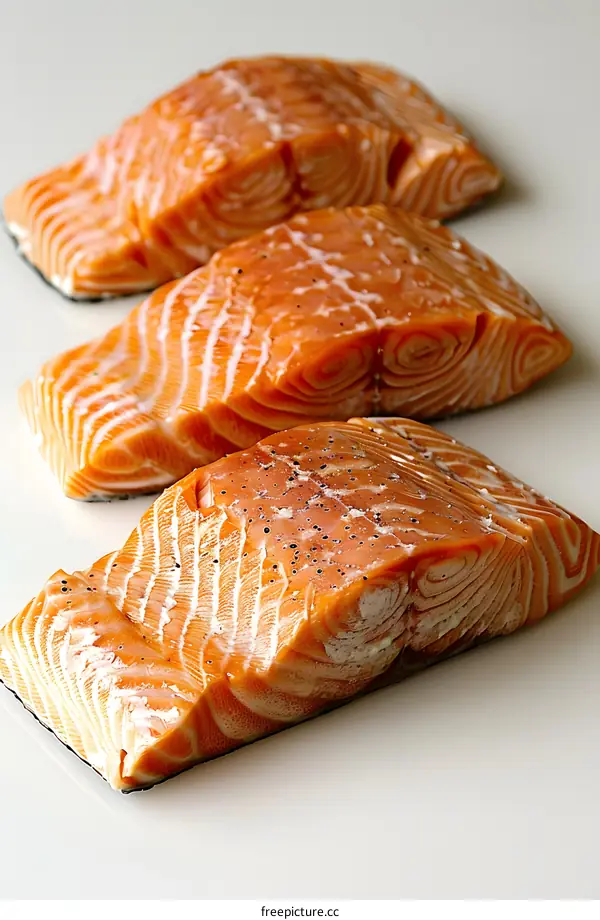 Three pieces of raw salmon fillet
