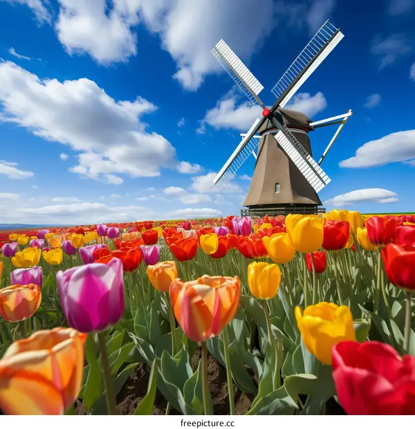 field of tulips in spring with windmill